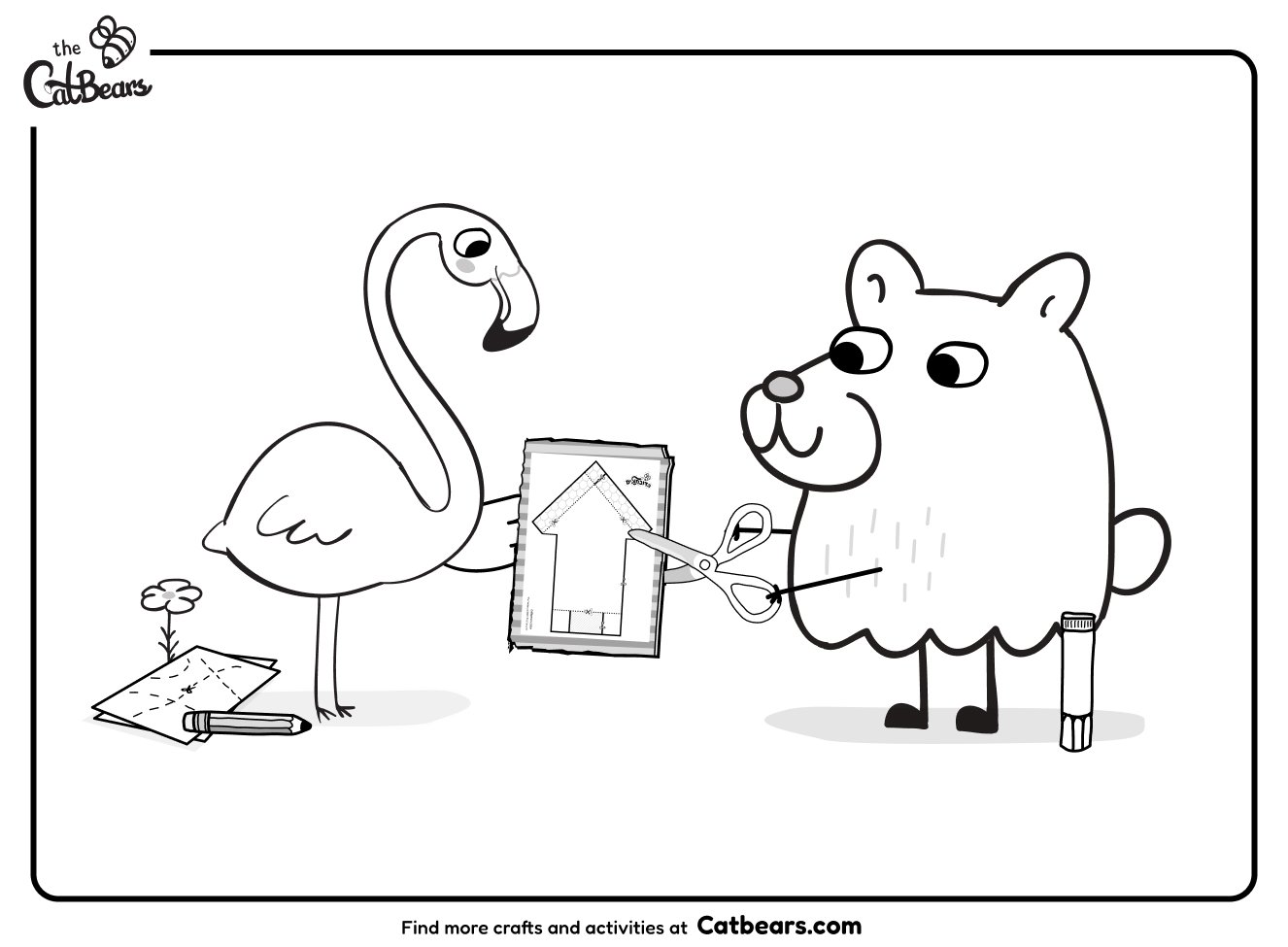 The catbears coloring page of the flamingo and bear