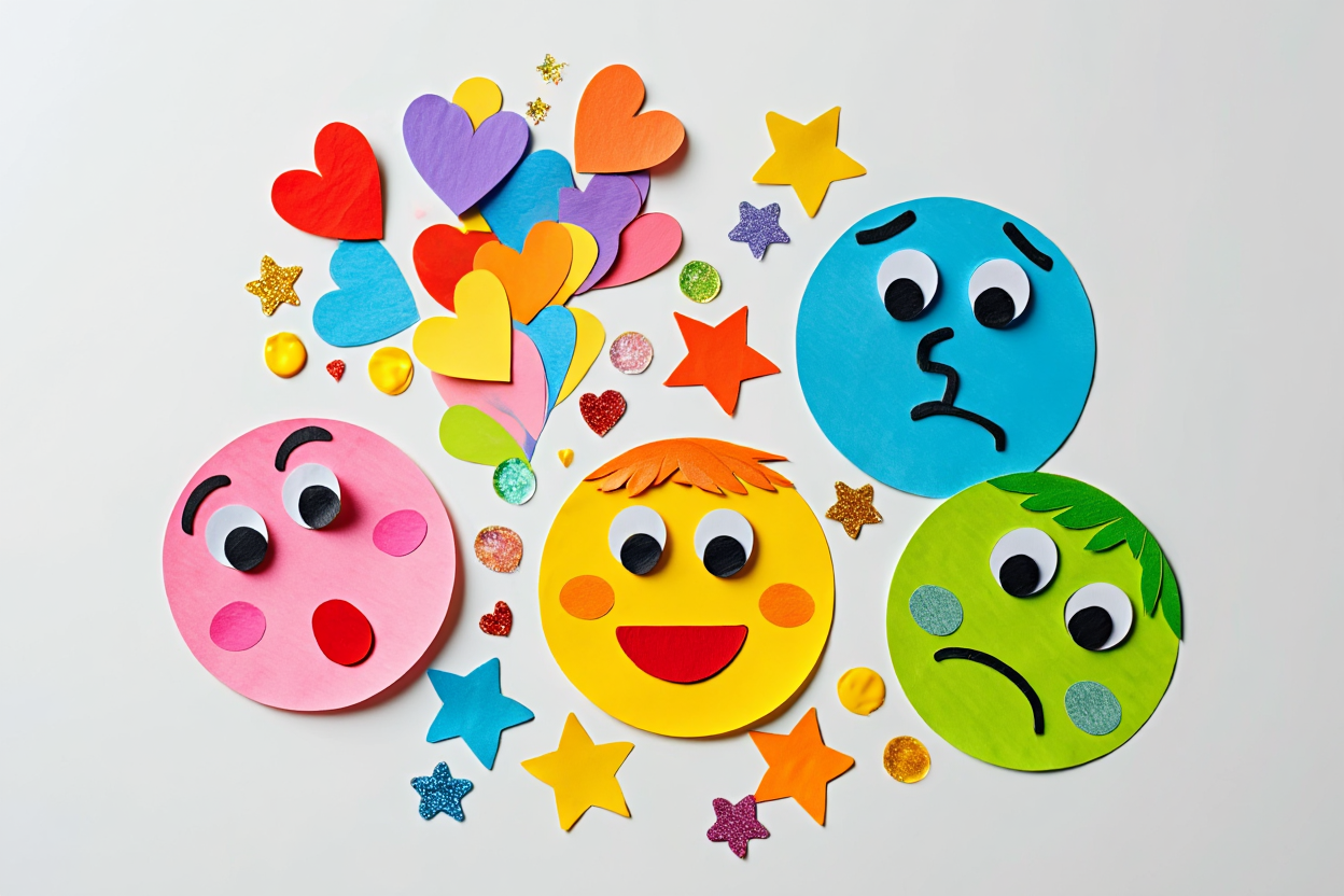 A colorful collage with cut-out faces showing different emotions - happy, surprised, thoughtful expressions