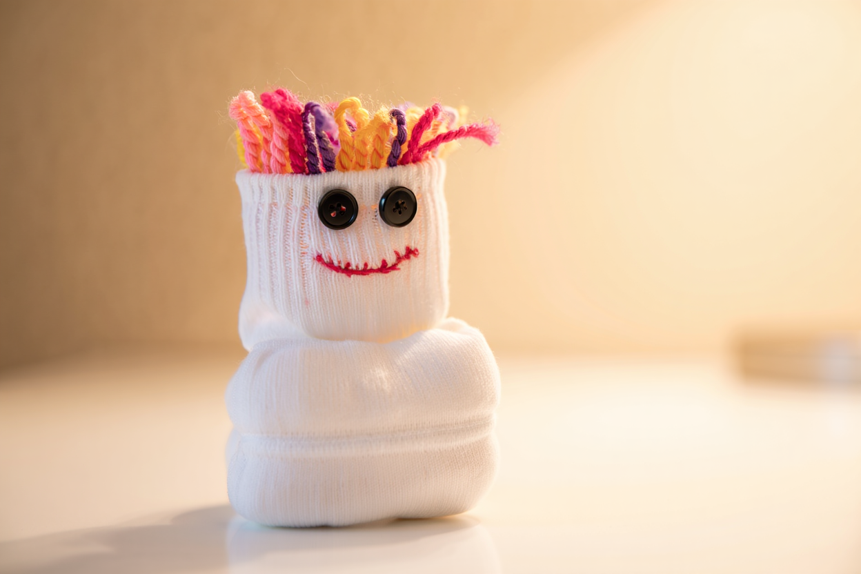 An adorable handmade sock creature with button eyes, a sweet smile, and colorful yarn hair