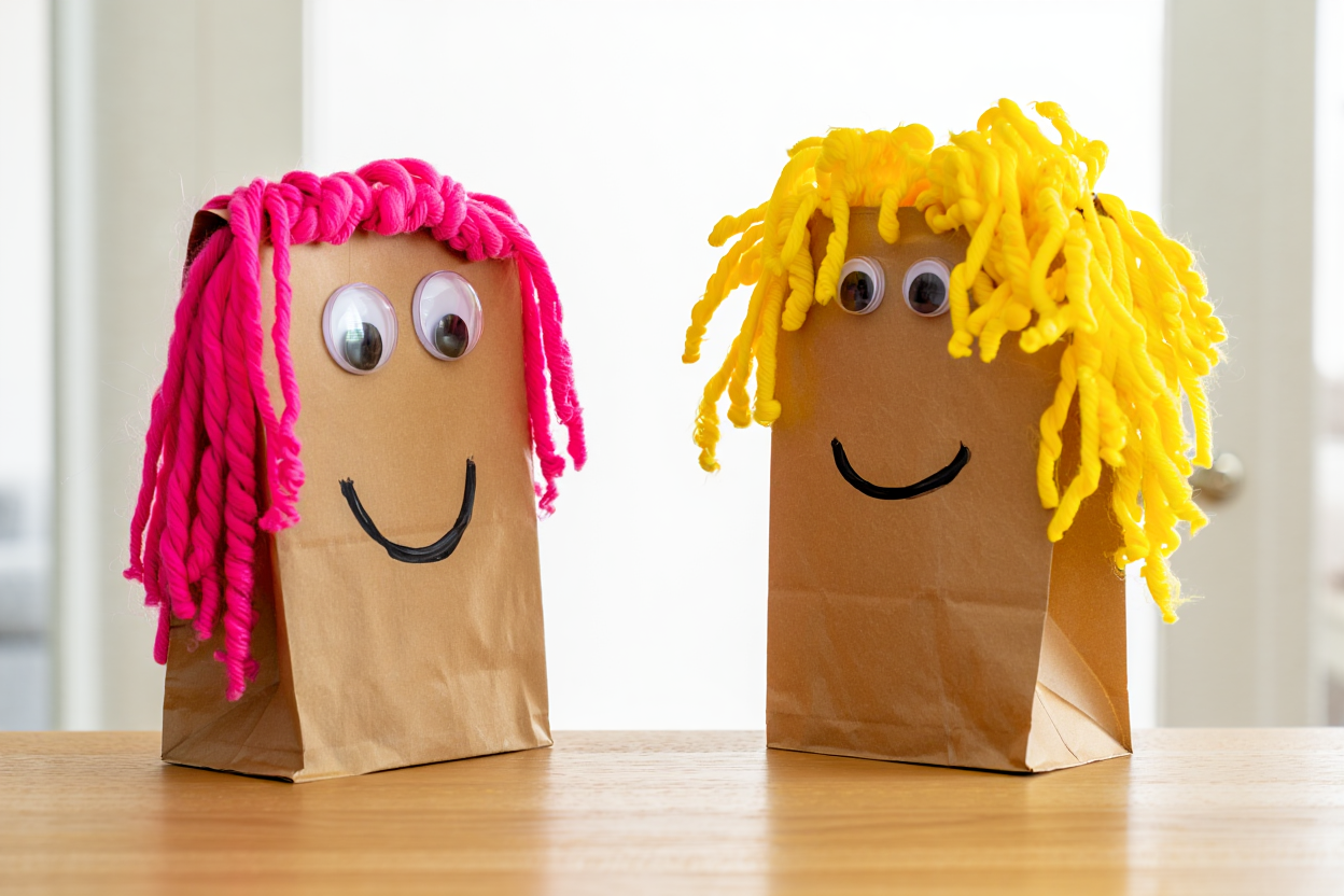 Two adorable paper bag puppets with friendly smiling faces and colorful yarn hair, posed as if having a conversation