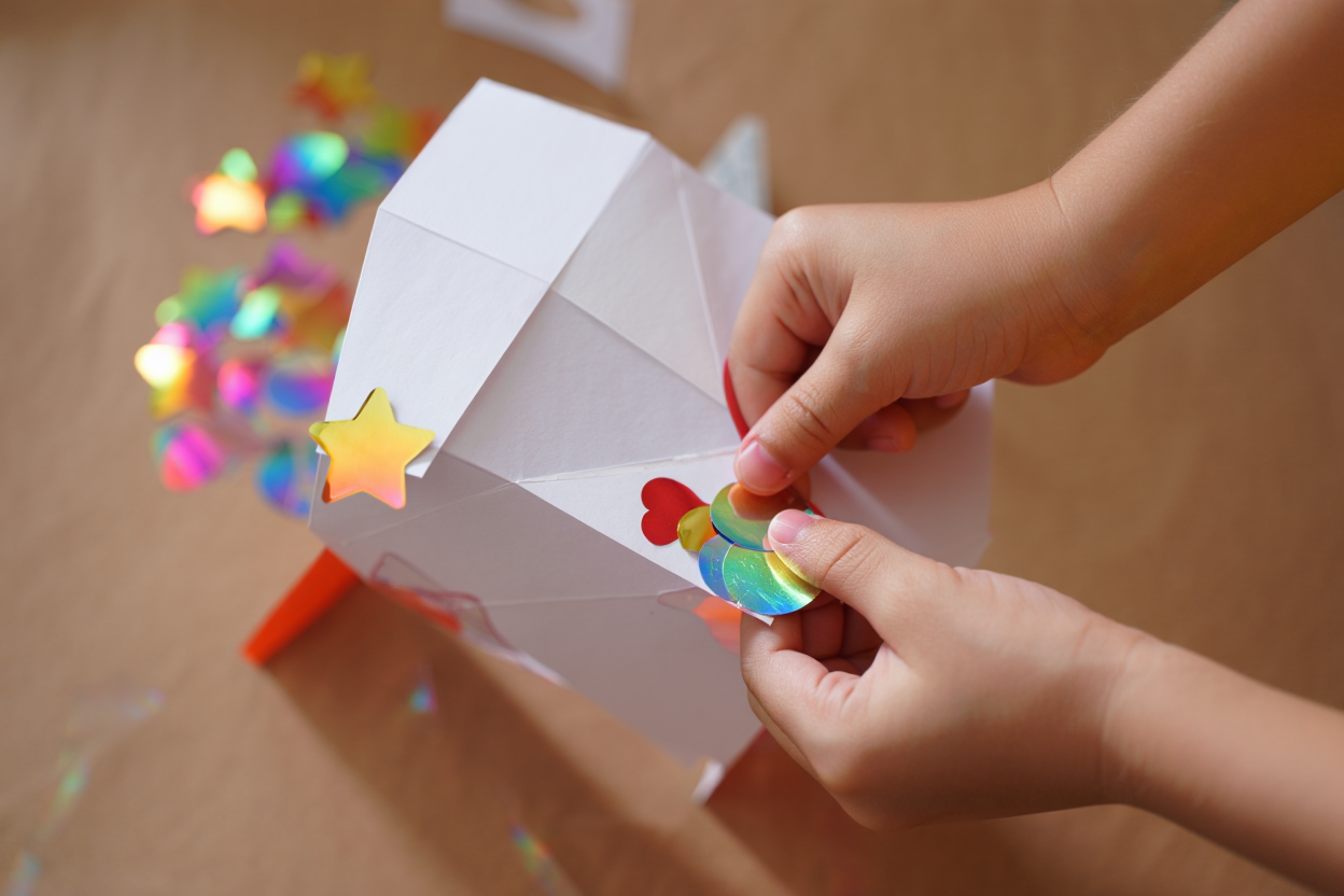 Children's hands placing rainbow holographic stickers on paper, magical and joyful