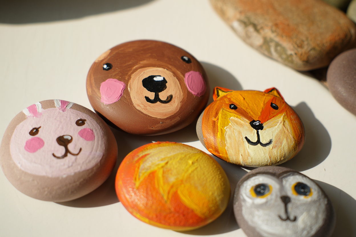 Smooth stones painted with adorable animal faces - a bunny, bear, fox, and owl in soft pastel colors
