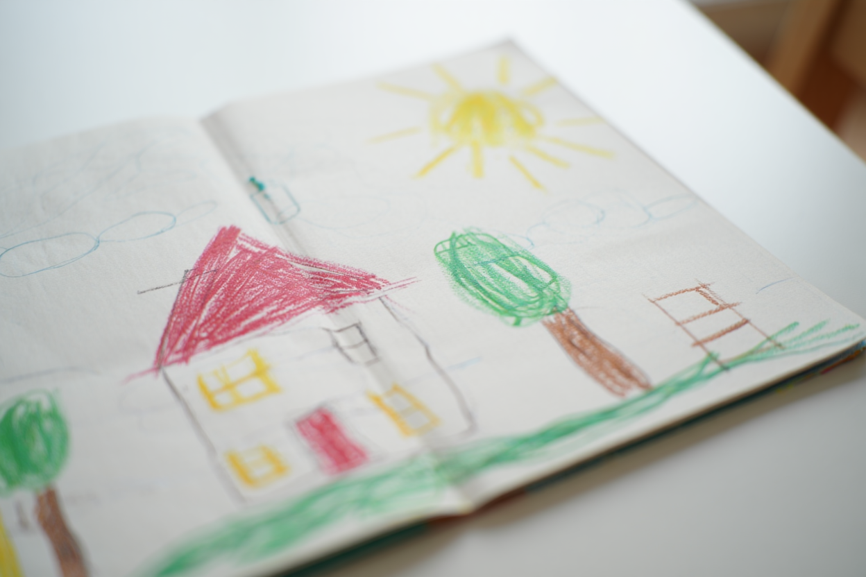 A collaborative drawing with layered contributions from different children - house, tree, sun added by multiple hands