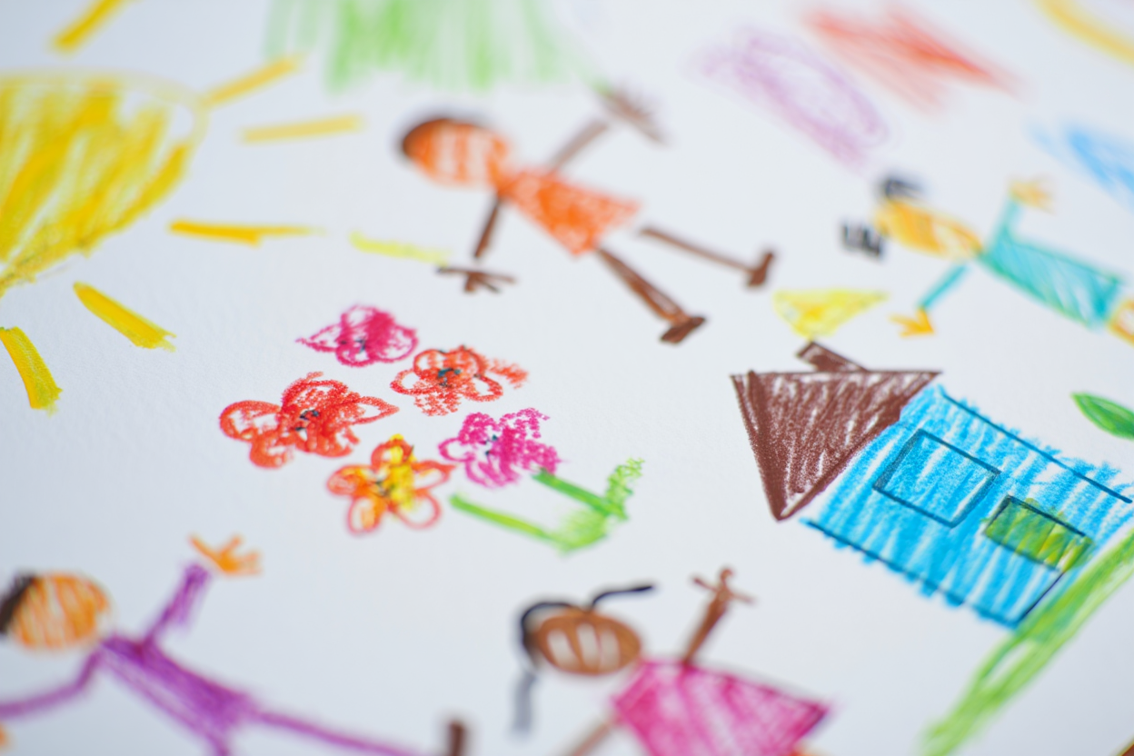 Collaborative children's drawing with colorful crayon artwork from multiple kids - flowers, people, houses overlapping on shared paper