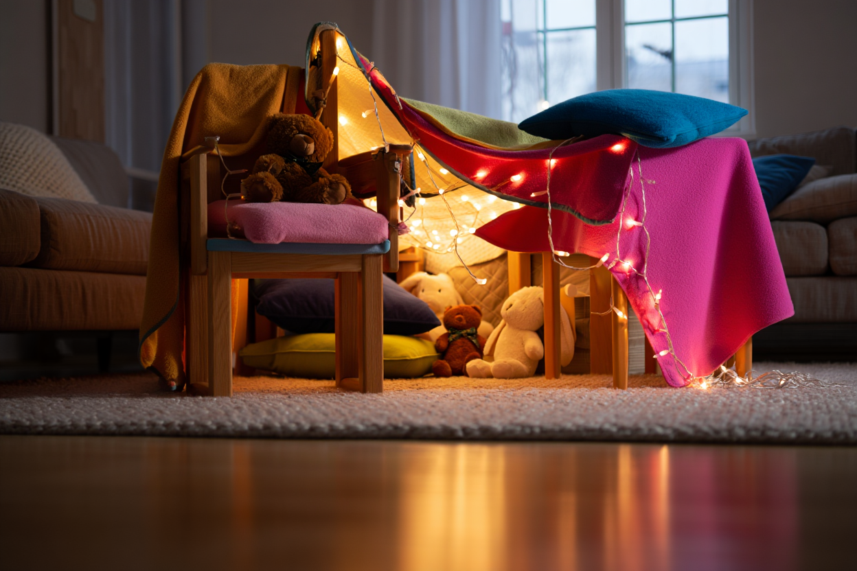 Cozy blanket fort with colorful blankets, fairy lights, pillows and stuffed animals in a living room