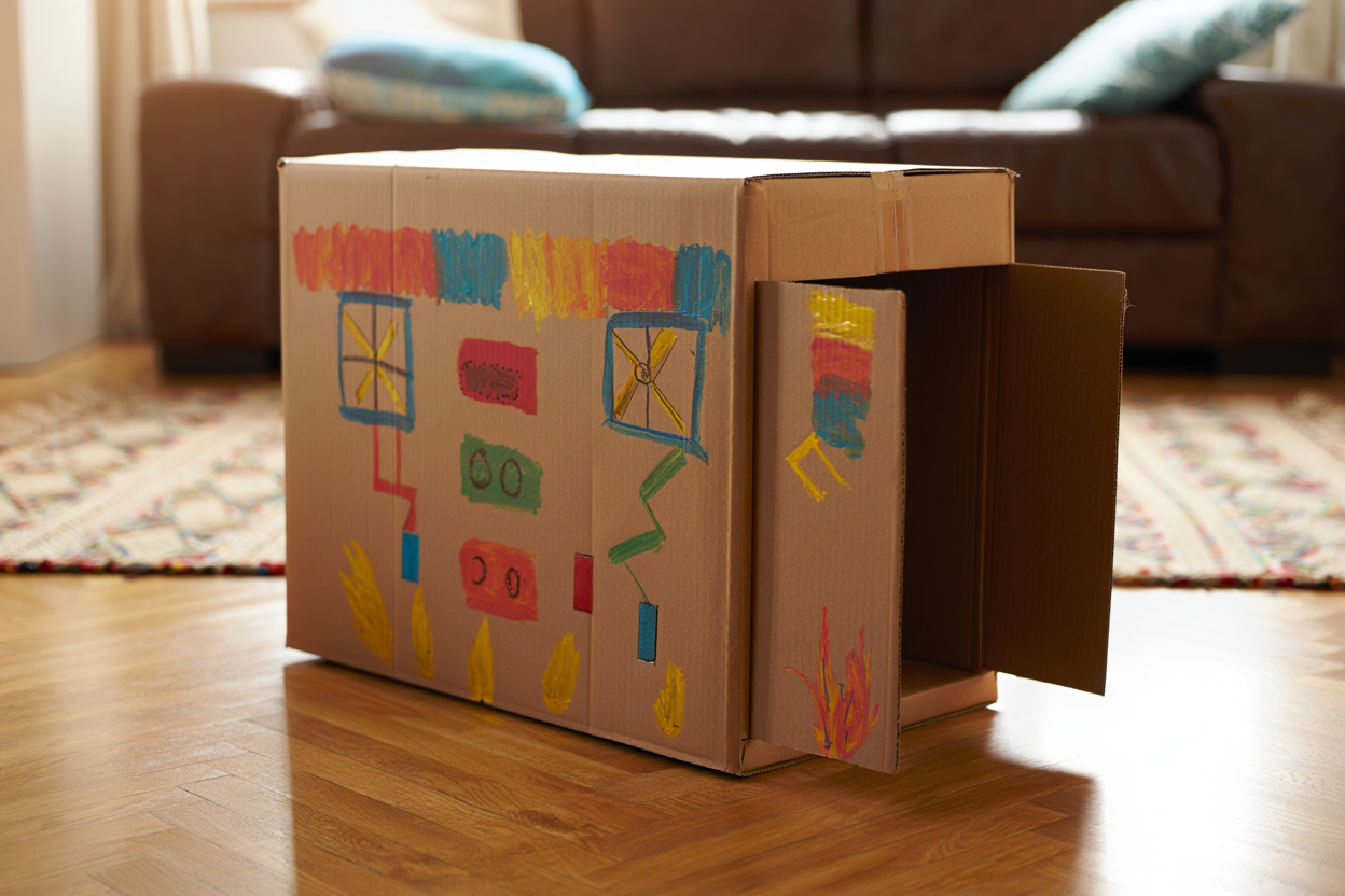 A cardboard box decorated by children with colorful drawings, transformed into an imaginative play space