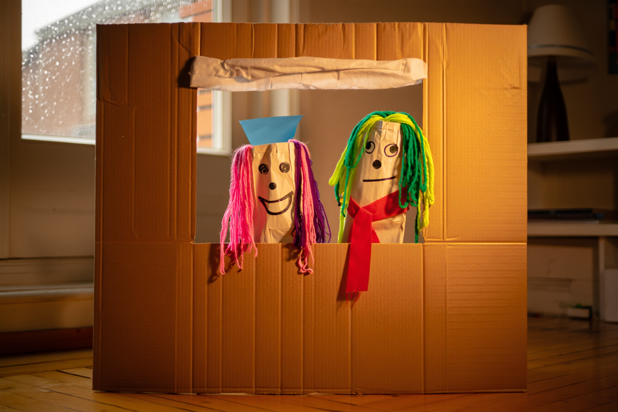 Handmade paper bag puppets with yarn hair peeking out of a cardboard box puppet theater