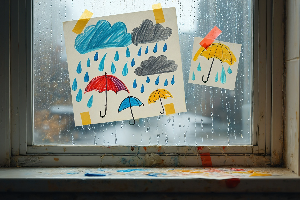 Children's drawings of rain clouds and umbrellas taped to a rainy window with raindrops visible