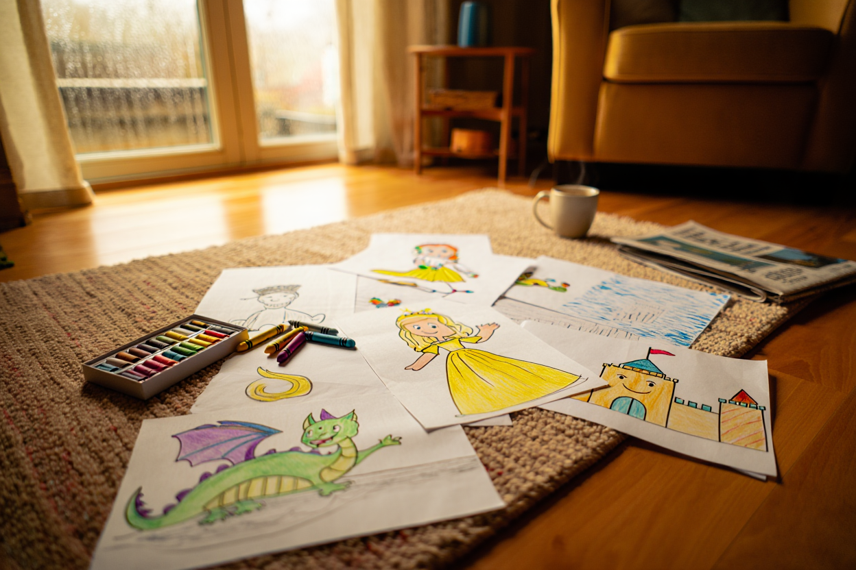 Children's story drawings spread out on a cozy rug showing characters and scenes from collaborative storytelling