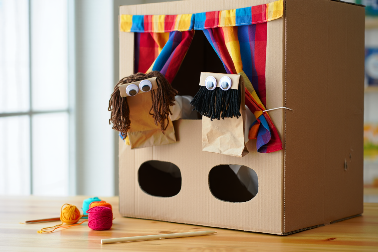 Cute paper bag puppets peeking out of a cardboard box puppet theater with fabric curtains