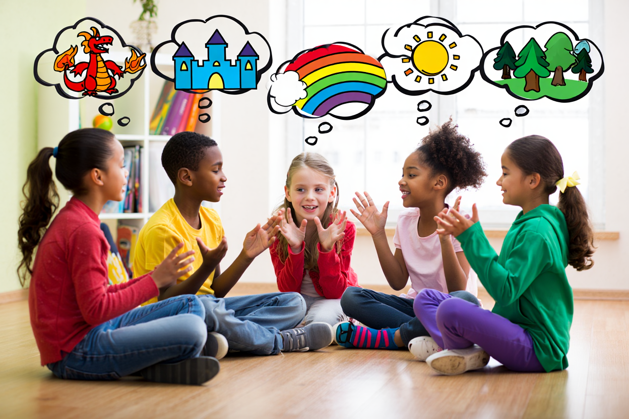 Children sitting in a circle with imaginative story elements floating above, collaborative storytelling game