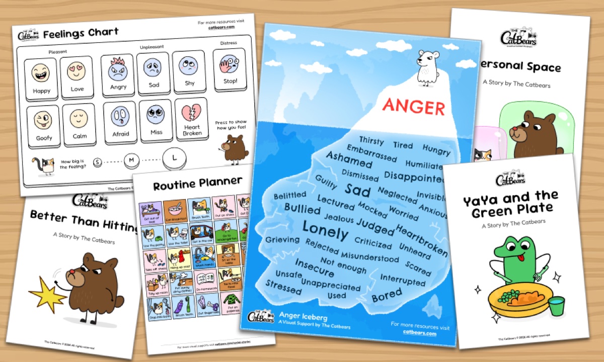 Collection of free printable social stories for kids spread on desk - featuring anger iceberg, feelings chart, personal space, and no hitting social stories by The Catbears